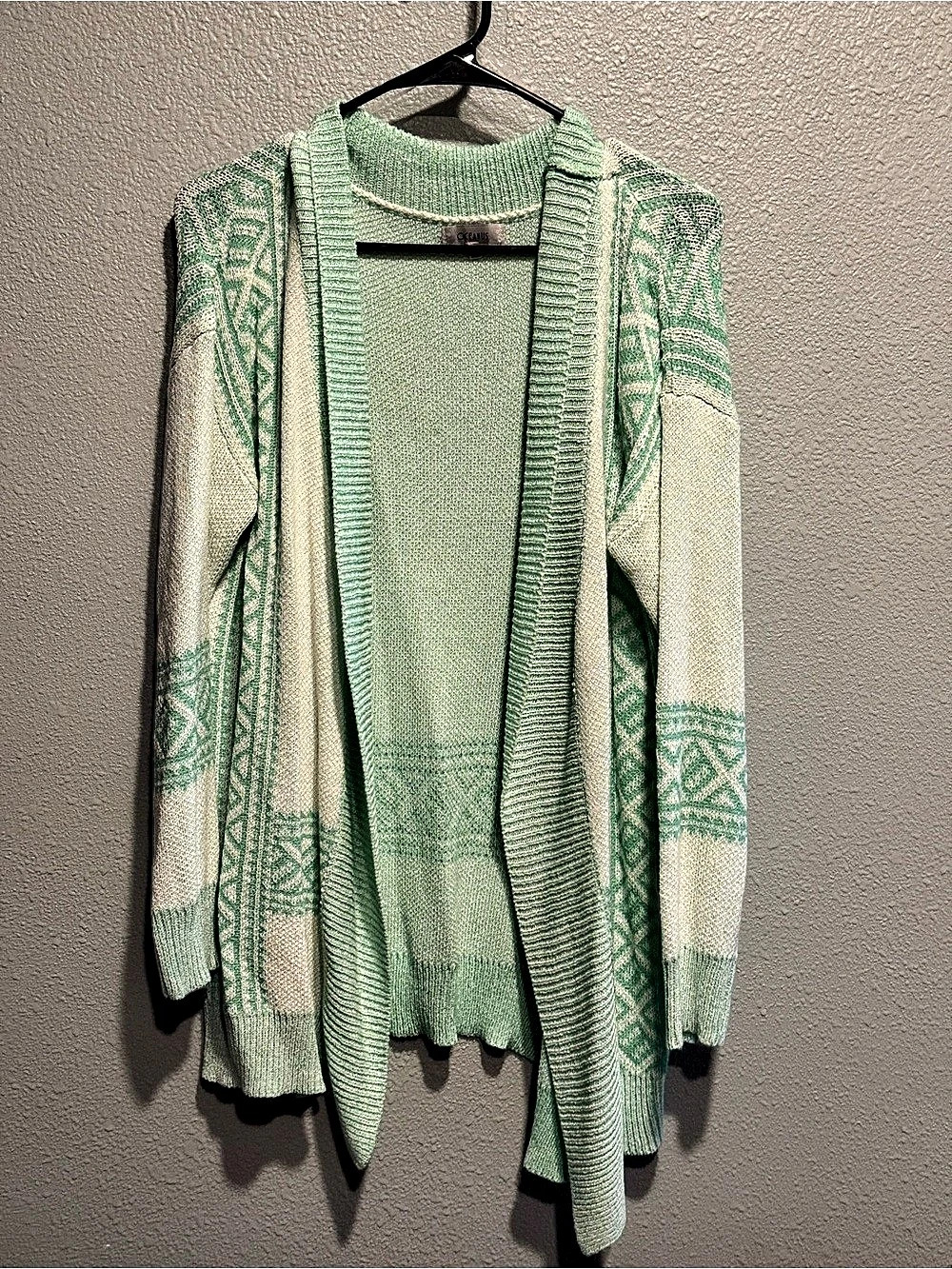 OCEANUS Open-Front Longline Cardigan Sweater Green & Cream